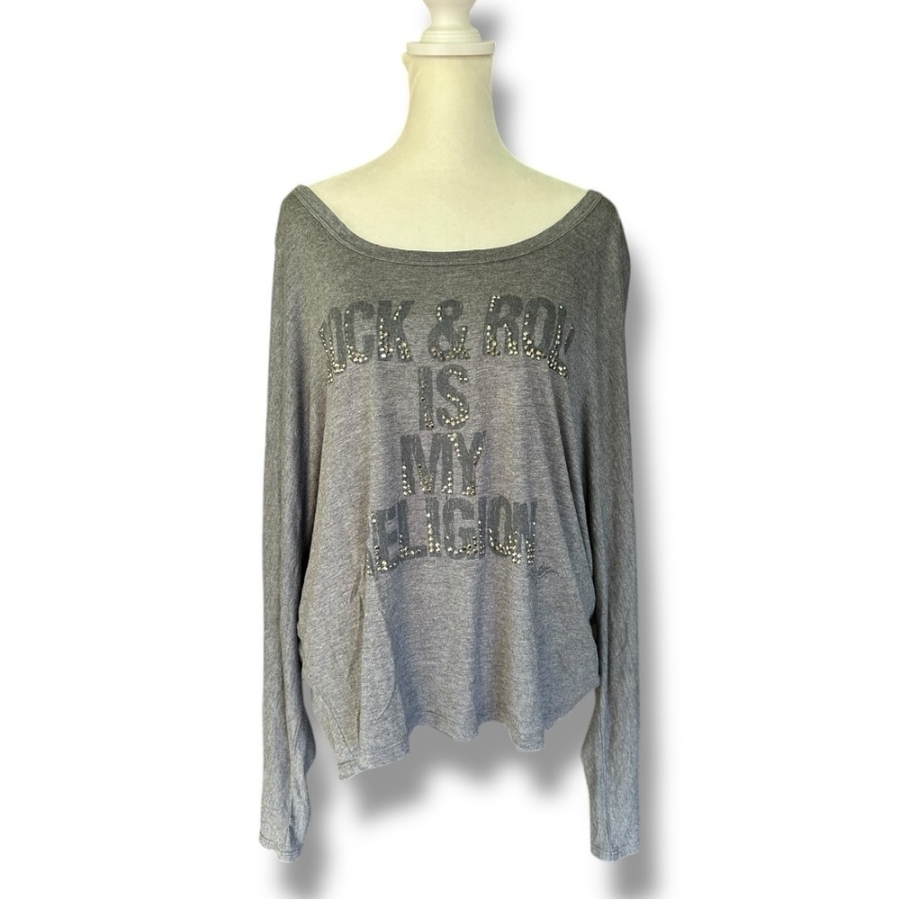 Haute Hippie Gray Rhinestone Rock & Roll is My Religion Surplus Sleeve Tee | M - Picture 3 of 14